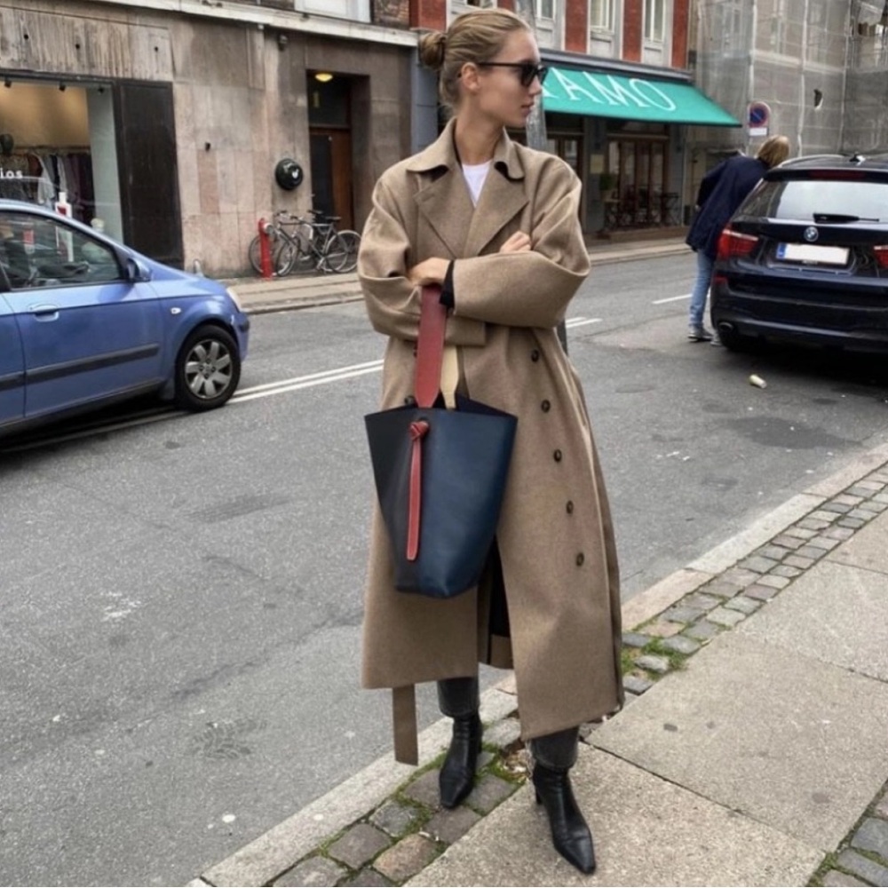 Toteme Terlago Double Breasted Wool Trench Coat in Beige